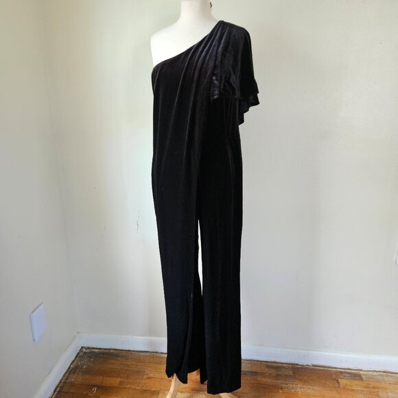 Venus Black Velvet One Shoulder Flutter Sleeve Draped Party Evening Jumpsuit L - Picture 1 of 12